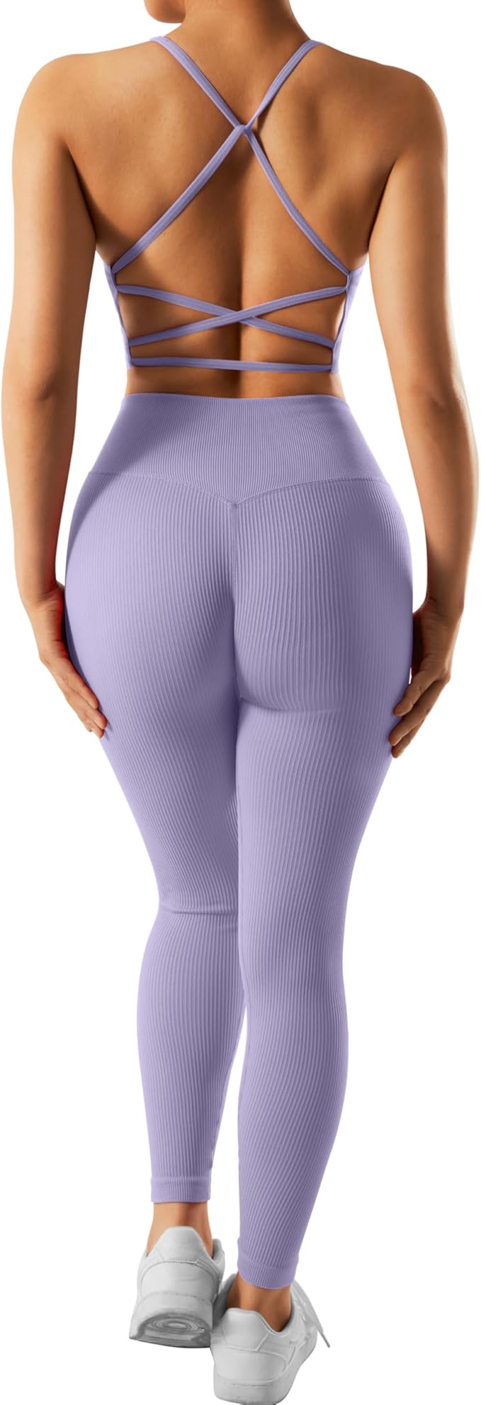 RXRXCOCO Ribbed Workout Sets for Women 2 Piece Backless Strappy Sports Bra Seamless Leggings Matching Set Yoga Outfits