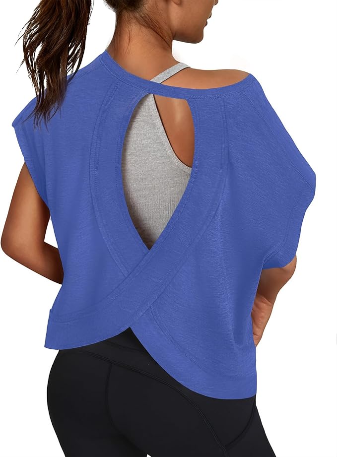 Women Open Back Workout Shirts Short Sleeve Tops Casual Yoga Y2k Athletic Gym Running Crop Tees
