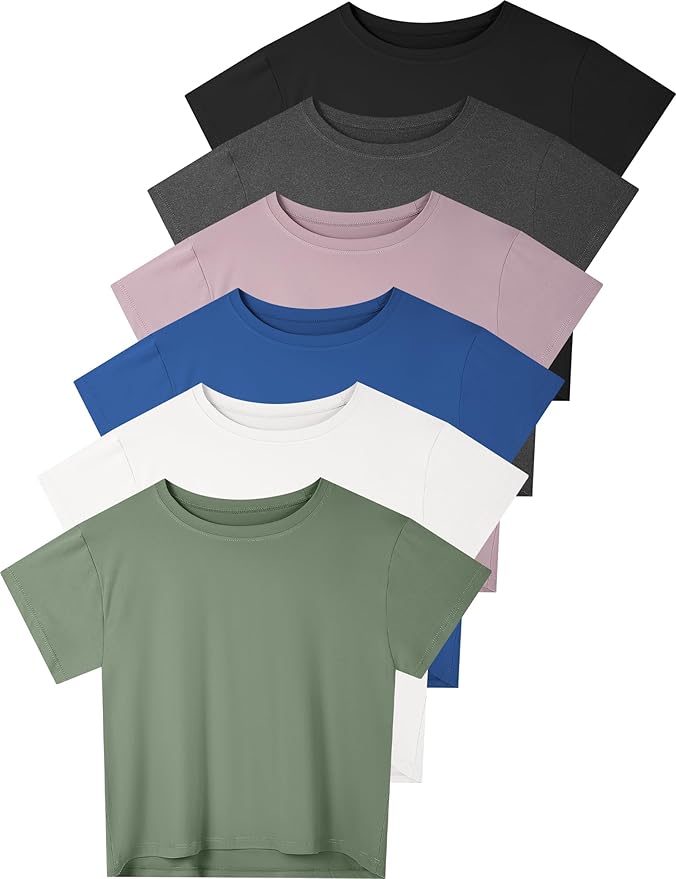Dalavch 6 Pack Women's Crop Top Short Sleeve Athletic Workout Yoga Running Gym Casual Tees T-Shirts Loose Fit