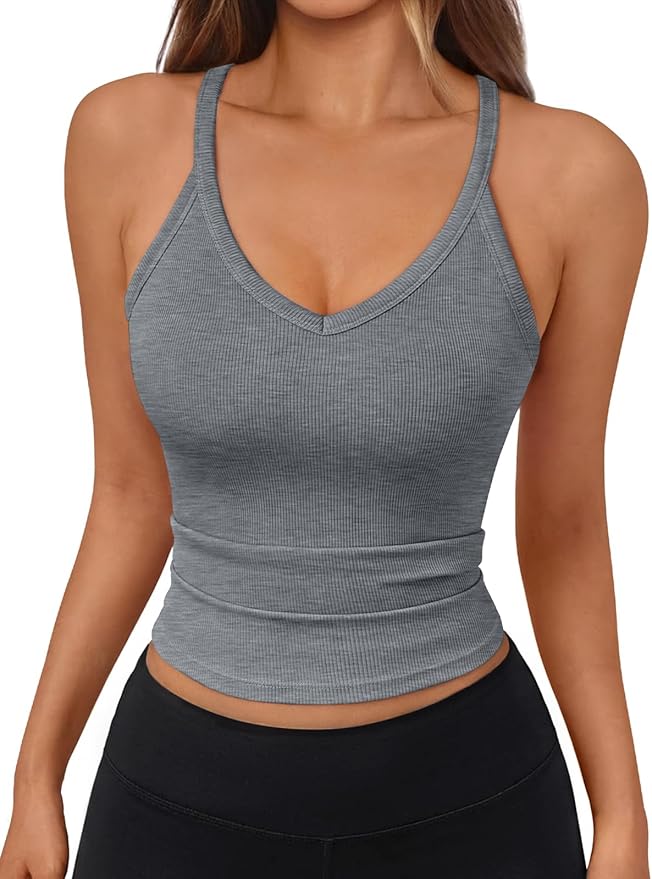 Trendy Queen Womens Racerback Ribbed Tank Tops Soft Stretch V Neck Workout Casual Tops Summer Sleeveless Crop Camisole