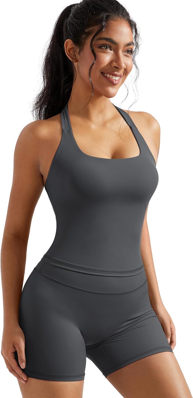 OMKAGI 2 Piece Workout Sets for Women Halter Sports Bra Tank Gym Biker Shorts Outfits