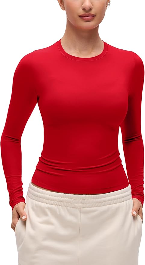 CRZ YOGA Softembrace Crewneck Long Sleeve Shirts for Women - Casual Going Out Tops Soft Basic Fitted Tight Fall T-Shirts