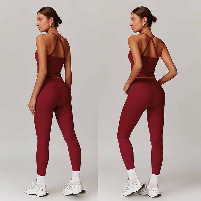 Women 2 Piece Workout Sets (NEW) Yoga Outfit Open Back Tank Top High Waisted Leggings Gym Sets Tracksuits