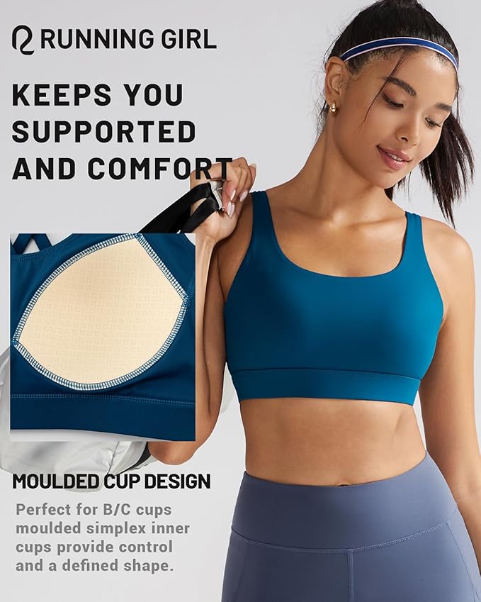 RUNNING GIRL Sports Bra for Women High Support, Molded Cup High Impact Sports Bras with Sewn in Pads Workout Running Bra