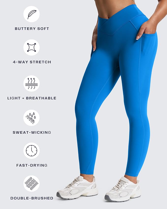 Aoxjox Women's Trinity High Waisted Yoga Pants with Pockets Cross-Waist Tummy Control Buttery Soft Workout Leggings 26"