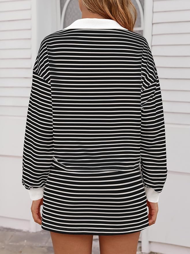 Fisoew Womens Striped 2 Piece Outfits Casual Sweatshirt Skirt Set Long Sleeve Skort Workout Set Matching Lounge Sets