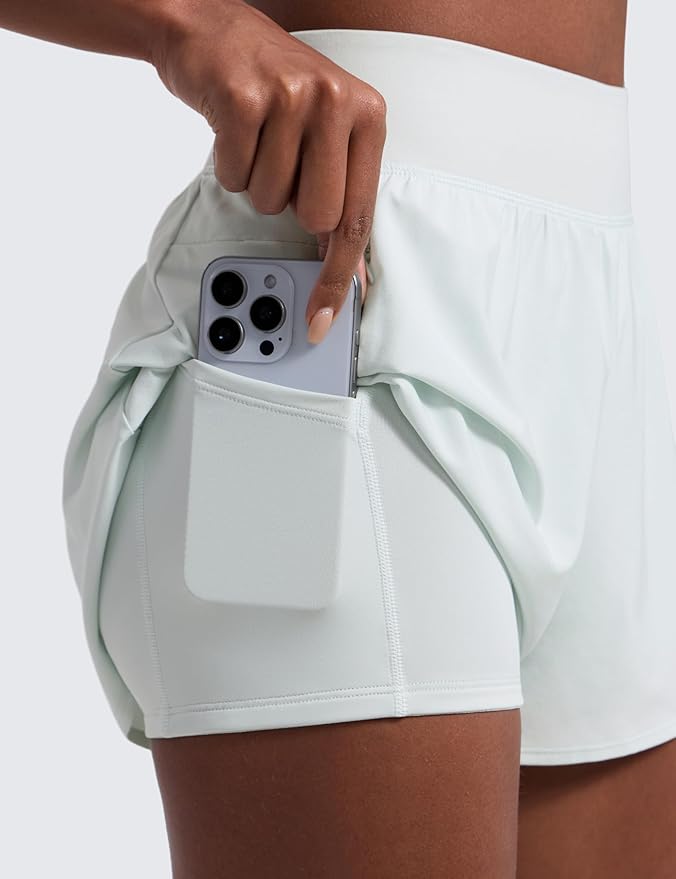 CRZ YOGA 2 in 1 Double Layer Running Shorts for Women 3" - High Waisted for Athletic Tennis Workout with Zip Pockets