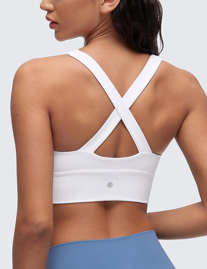 CRZ YOGA Butterluxe Ruched Longline Sports Bras for Women - V Neck Padded Yoga Tank Wide Straps Cross Back Crop Tops