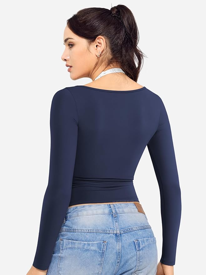 YEOREO Long Sleeve Workout Tops for Women Square Neck Slim Fitted Double Lined Compression Shirt Basic Casual Gym Yoga Tops