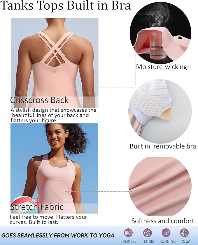 RUNNING GIRL Tank top with Built in Bra for Women,Compression Shirts Crisscross Back Workout Yoga Tops
