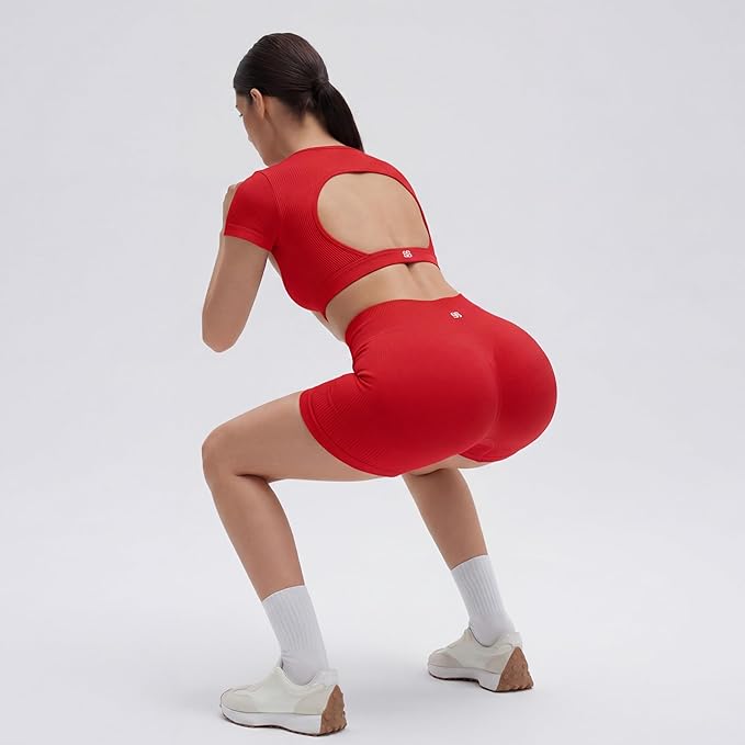 SUUKSESS Womens Workout Sets Open Back Gym Sets Woman Yoga Pilates Crop Tank High Waisted Bike Shorts