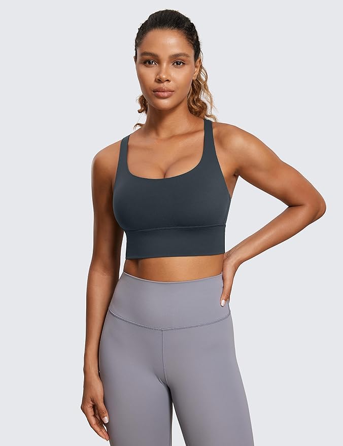 CRZ YOGA Naked Feeling Strappy Longline Sports Bras for Women - Medium Impact Criss Cross Yoga Padded Workout Crop Top