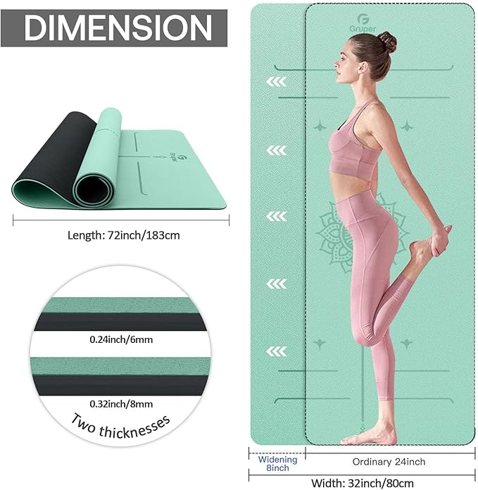 Gruper Yoga Mat Non Slip TPE Extra Wide Yoga Mat with Alignment Mark, 72"L x 32"W x 0.32"/0.24"Th (183cm x 80cm x 8mm/6mm), Anti-Tear Exercise Mat with Carrying Strap and Bag, Workout Mats for Yoga, Pilates