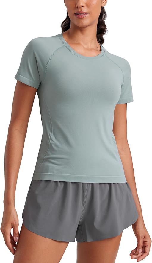 CRZ YOGA Seamless Workout Tops for Women Waist Length - Running Gym Athletic Yoga Short Sleeve Shirts Breathable Crewneck