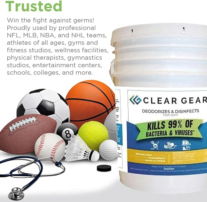 Clear Gear Disinfectant Spray, Mat Cleaner, and Deodorizer For Surfaces, Equipment, Protective Gear and Facilities - Hospital Grade Disinfectant - 5 Gallon Bulk Gym Cleaning Supplies