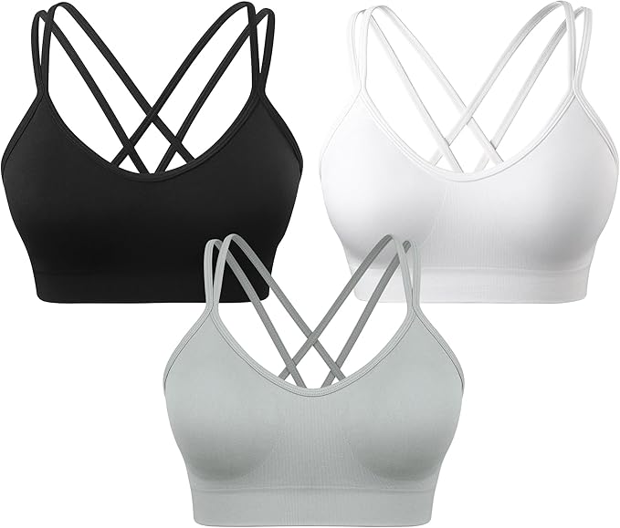 VEQKING Women's Cross Back Sports Bra Padded Strappy Medium Support Yoga Bra for Workout Fitness 3 Pack