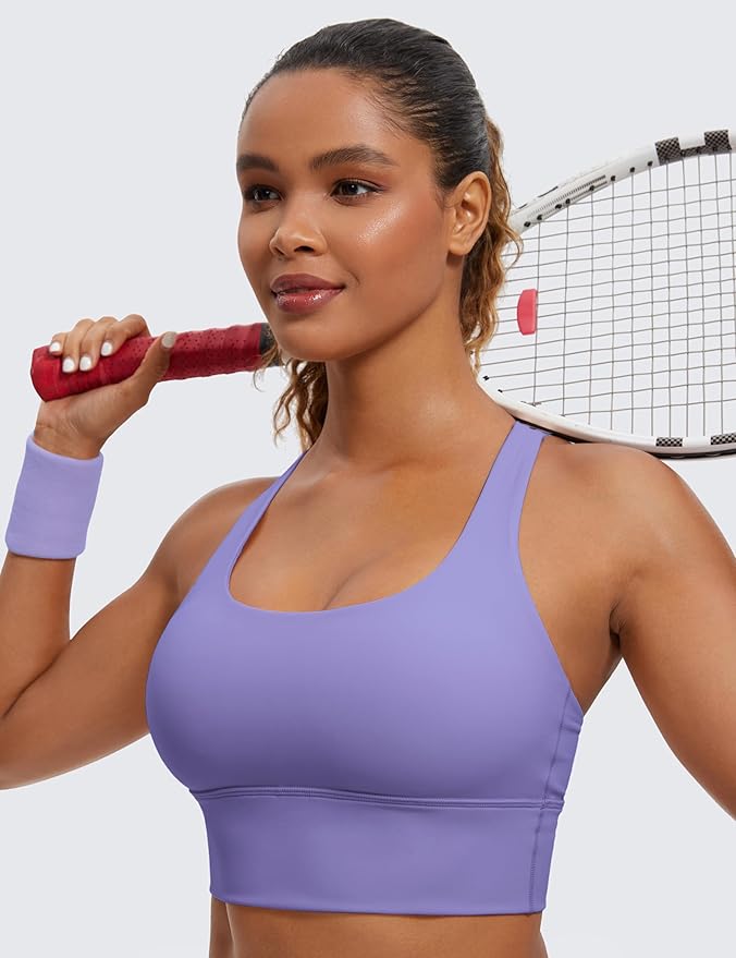 CRZ YOGA Naked Feeling Strappy Longline Sports Bras for Women - Medium Impact Criss Cross Yoga Padded Workout Crop Top