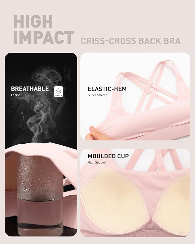 RUNNING GIRL High Impact Sports Bras for Women - Scoop Neck Strappy Sports Bra High Support Moulded Cup Workout Bra