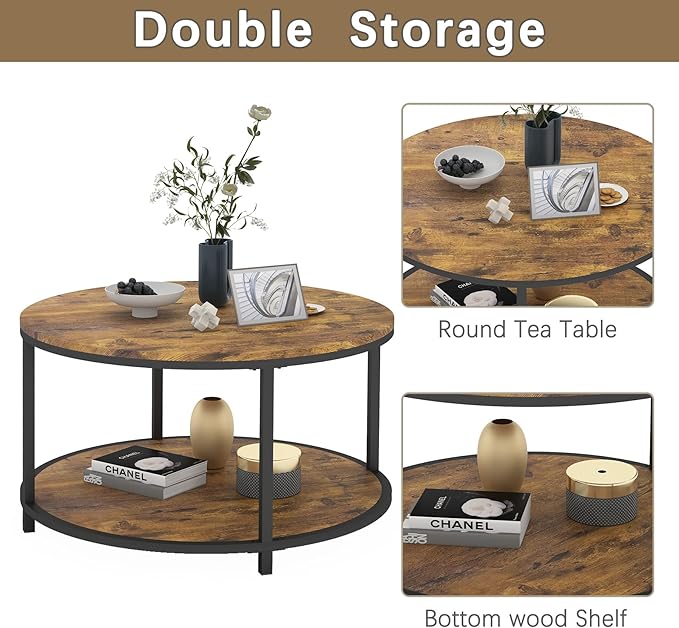 NSdirect Round Coffee Table, 27.6" Small Coffee Table for Living Room,2-Tier Rustic Wood Desktop with Storage Shelf Modern Design Home Furniture(Brown)