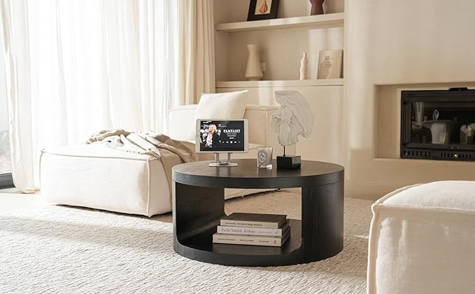 Round Coffee Table with Storage, 31.5" Modern Living Room Table, 2 Tier Circle Wood Center Tables for Apartment, Living Room, Open-Style Storage Black Coffee Tables, 31"*14.1" (Black)