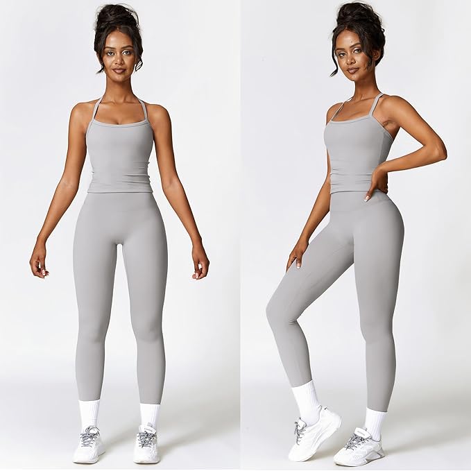 Women 2 Piece Workout Sets (NEW) Yoga Outfit Open Back Tank Top High Waisted Leggings Gym Sets Tracksuits