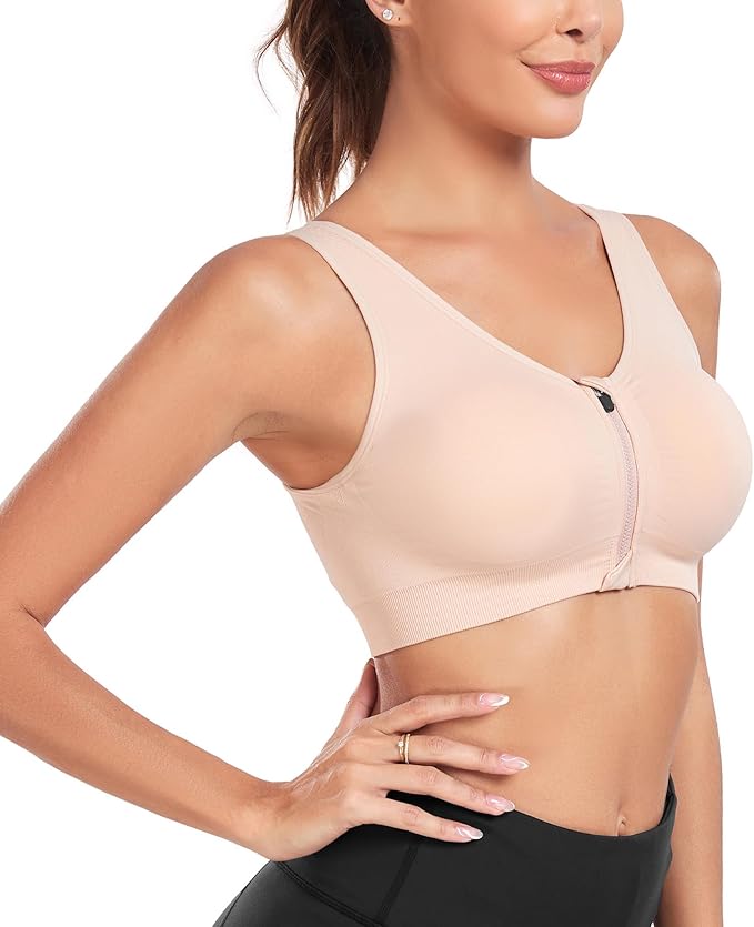 Women's Zip Front Sports Bra Wireless Post-Surgery Bra Active Yoga Sports Bras