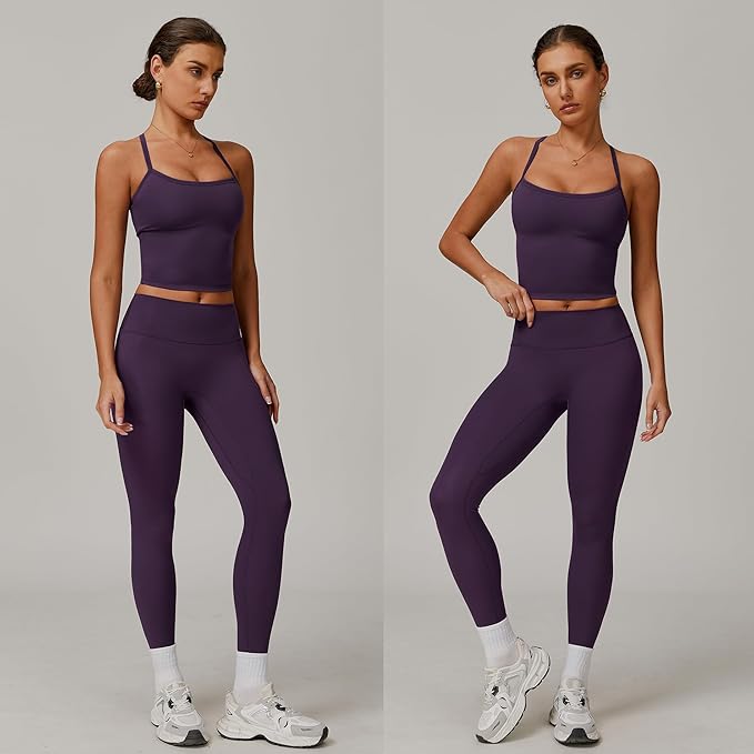 Women 2 Piece Workout Sets (NEW) Yoga Outfit Open Back Tank Top High Waisted Leggings Gym Sets Tracksuits