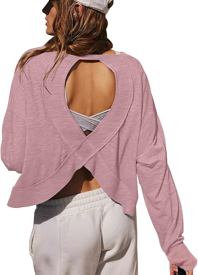 LASLULU Womens Open Back Long Sleeve Workout Tops Athletic Shirts Boat Neck Casual Running Tee Y2k Yoga Gym Tops
