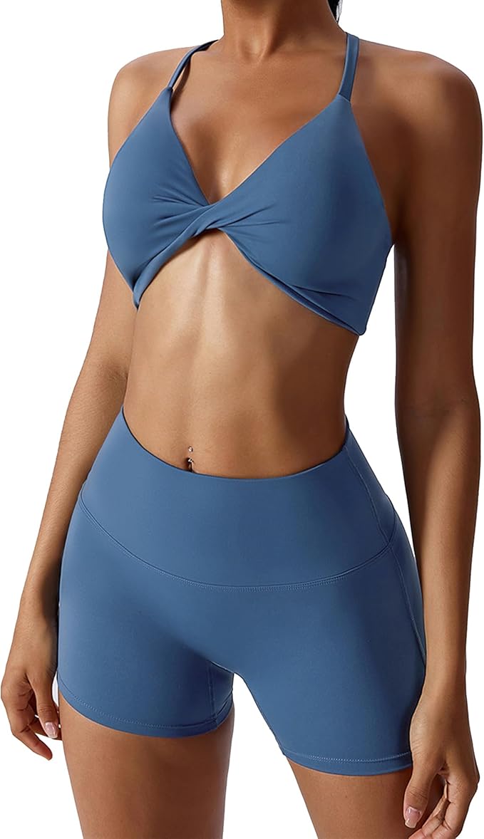 ABOCIW Workout Sets for Women 2 Piece Twist Front Halter Sports Bras High Waist Biker Shorts Exercise Gym Yoga Outfit