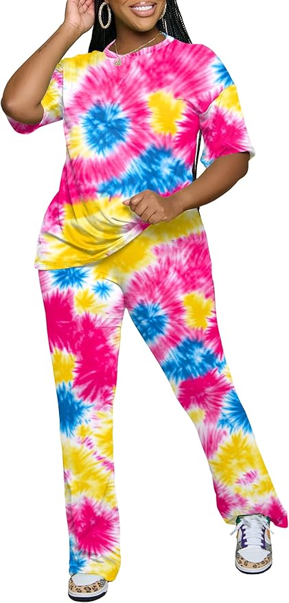 PINSV Women 2 Piece Outfits Short Sleeve Top and Flare Pants Lounge Sets Tracksuit