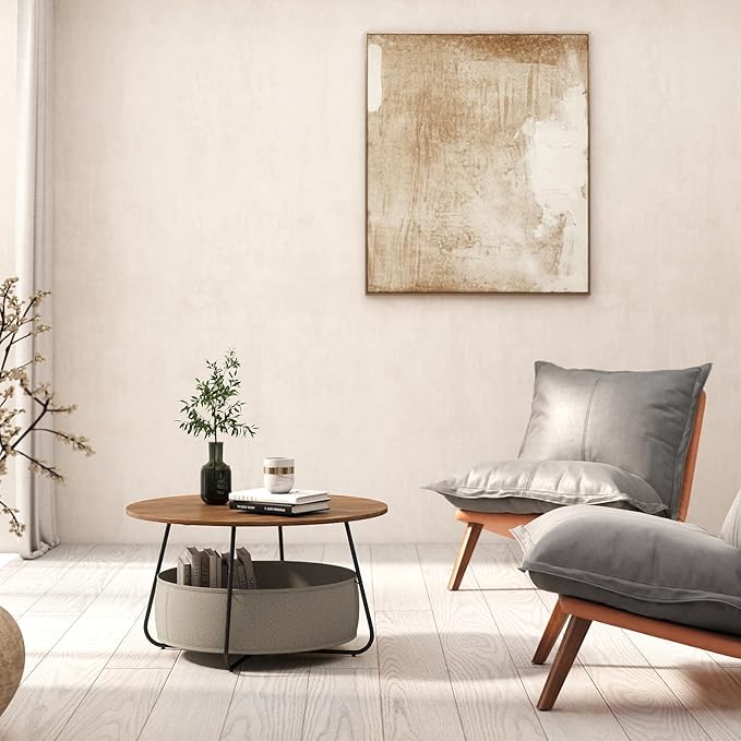 Manora Small Round Coffee Table for Living Room, Modern Center Table with Fabric Basket Storage, Cute Circle Table for Small Spaces, Metal Frame, Brown
