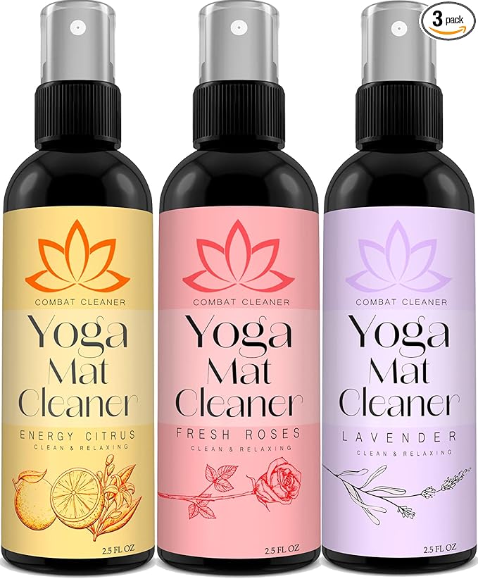 Combat Cleaner Yoga Mat Cleaner Spray Kit (Pack of 3) Includes a Microfiber Towel, Restores and Refreshes Yoga Mats (Lavender, Fresh Roses, Energy Citrus)