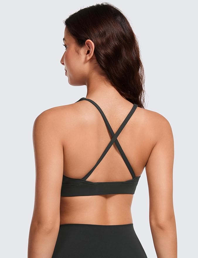 CRZ YOGA Butterluxe Deep V-Neck Sports Bras for Women - Spaghetti Strap Criss Cross Padded Top Low Coverage Wireless Yoga