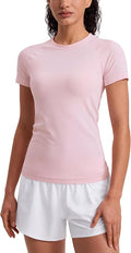 CRZ YOGA Seamless Workout Tops for Women Hip Length - Athletic Running Gym Yoga Short Sleeve Shirts Breathable Crewneck Tees