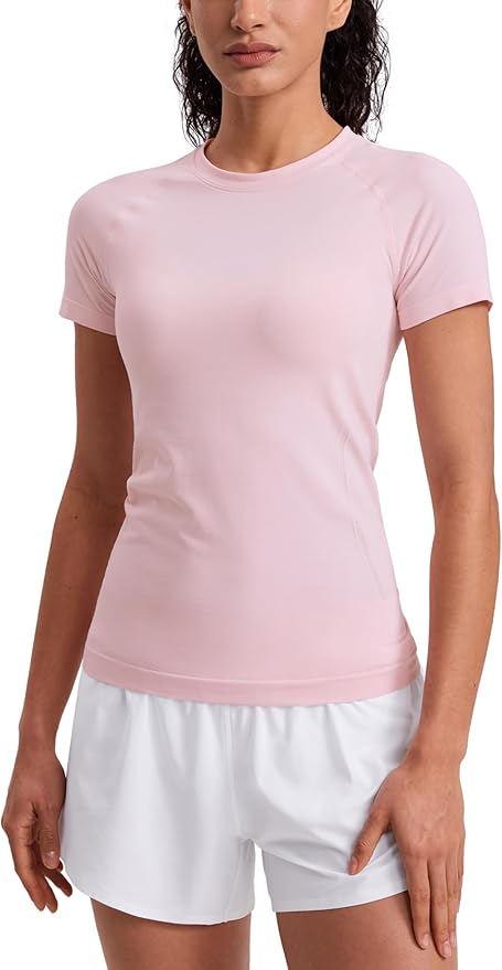 CRZ YOGA Seamless Workout Tops for Women Hip Length - Athletic Running Gym Yoga Short Sleeve Shirts Breathable Crewneck Tees