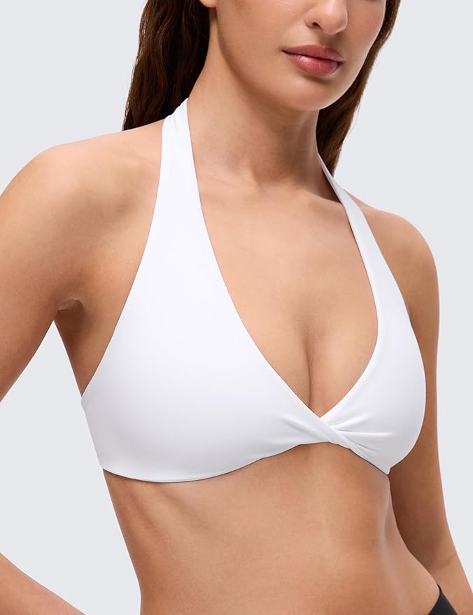 CRZ YOGA Butterluxe Double Lined Twist Halter Sports Bras for Women - Deep V Neck Crop Top Casual Open Back Non Padded