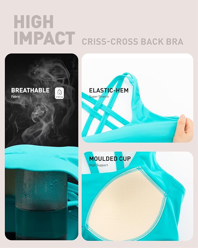 RUNNING GIRL High Impact Sports Bras for Women - Scoop Neck Strappy Sports Bra High Support Moulded Cup Workout Bra