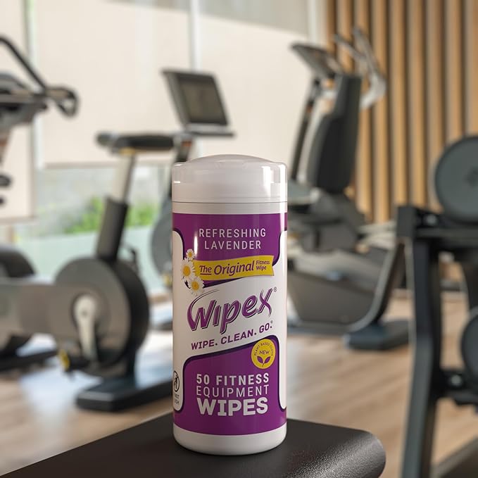 Wipex Original Fitness Equipment Wipes -EWG Verified - 50 Count Plant-Based No-Lint Cloth Gym Wipes for Workout Equipment, Yoga Mat Cleaner, Peloton Cleaner with Lavender Essential Oil & Vinegar,