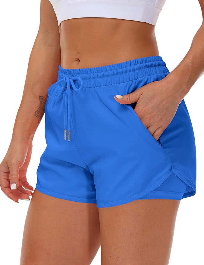 Mancreda Women's Running Shorts with Liner 3 Zipper Pockets Elastic Workout Athletic Gym Yoga Shorts