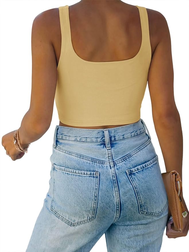 REORIA Women’s Sexy Square Neck Double Lined Seamless Sleeveless Cropped Tank Yoga Crop Basic Tops