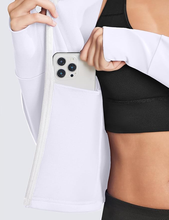 PINSPARK Women Cropped Workout Jackets Full Zip Slim Fit Athletic Jackets Thumb Holes Running Jacket with Zipper Pockets