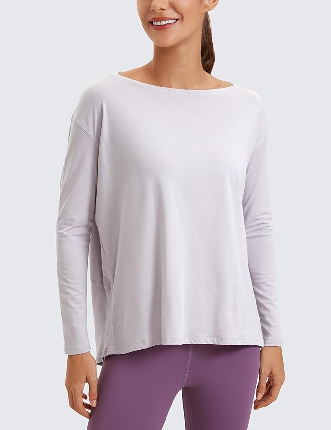 CRZ YOGA Pima Cotton Boat Neck Long Sleeve Shirts for Women - Workout Athletic Yoga Casual Tops Loose Fit Fall T-Shirts