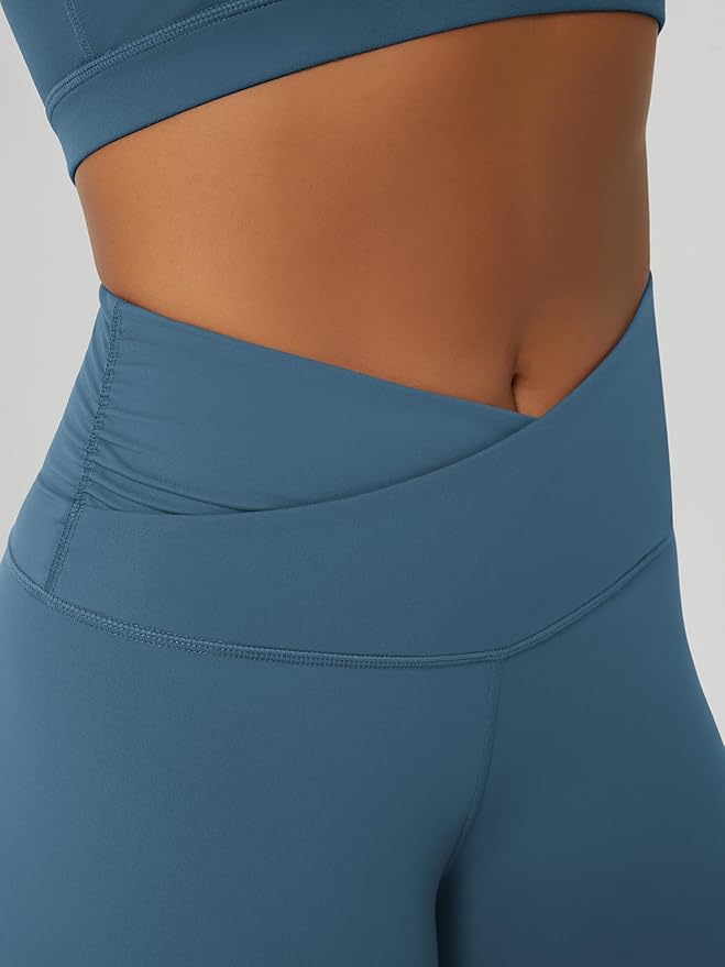 ODODOS Women's Cross Waist Yoga Leggings with Inner Pocket, 23"/25"/28" Gathered Crossover Workout Yoga Pants