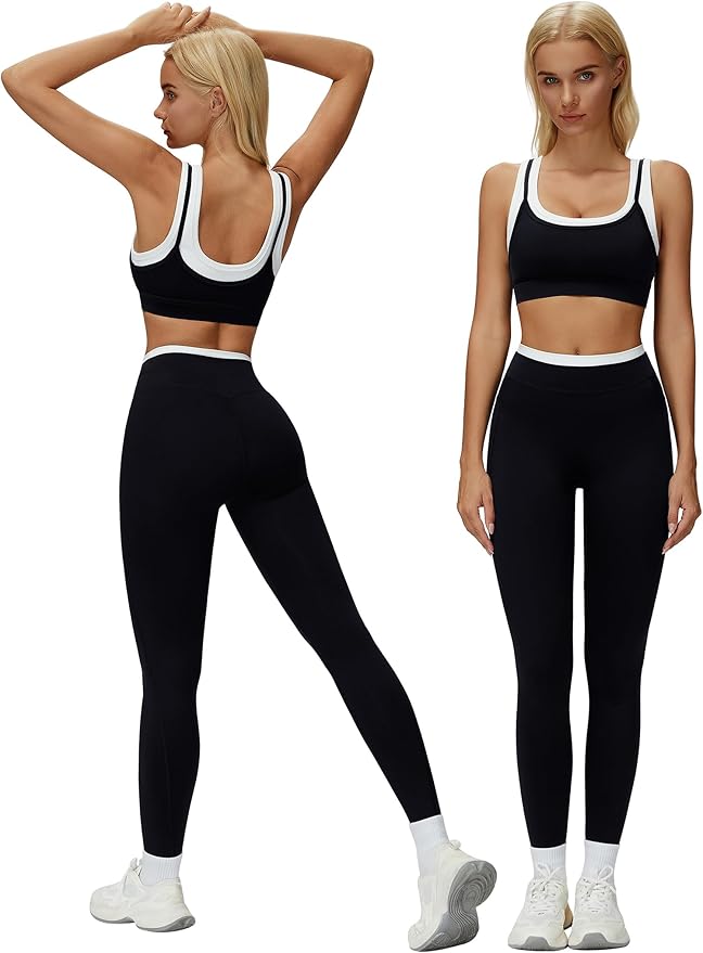 ABOCIW Two Piece Workout Sets for Women Layer Sports Bra Tummy Control High Wait Leggings Gym Yoga Outfits
