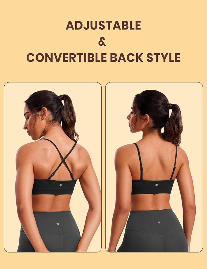 CRZ YOGA Butterluxe V-Neck Sports Bras for Women - Adjustable Thin Straps Padded Yoga Top Basic Wireless Camisole