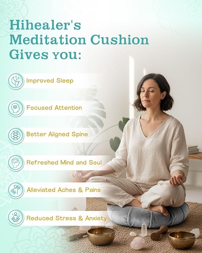 Hihealer Premium Meditation Cushion - Comfortable Floor Pillow for Adult Traditional Crescent Meditation Pillow Yoga Buckwheat Bolster (Grey)