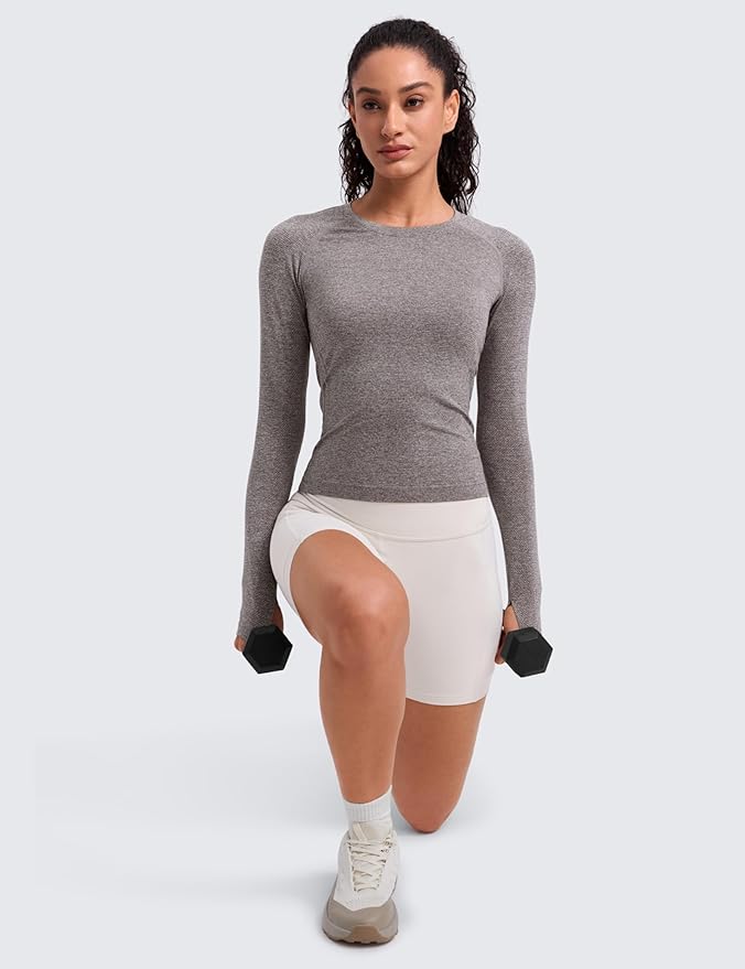 CRZ YOGA Seamless Long Sleeve Shirts for Women Waist Length - Workout Athletic Running Gym Yoga Tops Crewneck Breathable