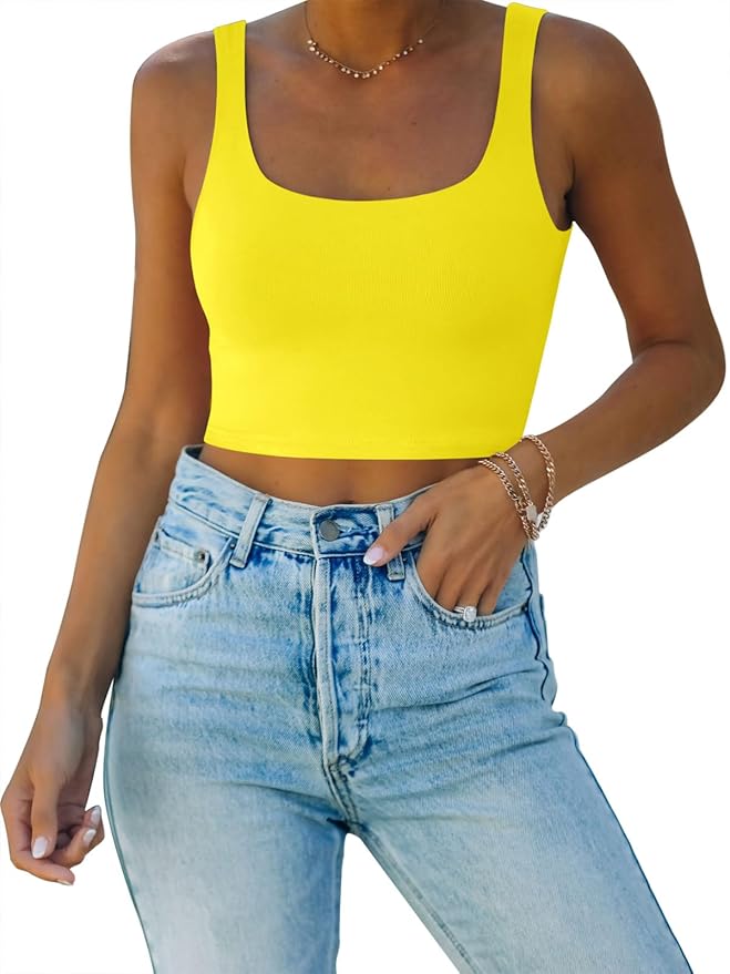 REORIA Women’s Sexy Square Neck Double Lined Seamless Sleeveless Cropped Tank Yoga Crop Basic Tops