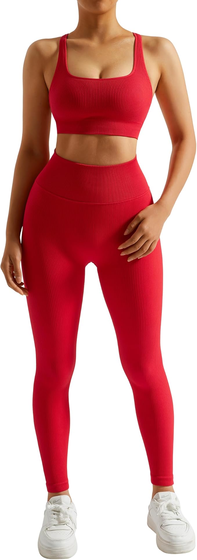 RXRXCOCO Ribbed Workout Sets for Women 2 Piece Backless Strappy Sports Bra Seamless Leggings Matching Set Yoga Outfits