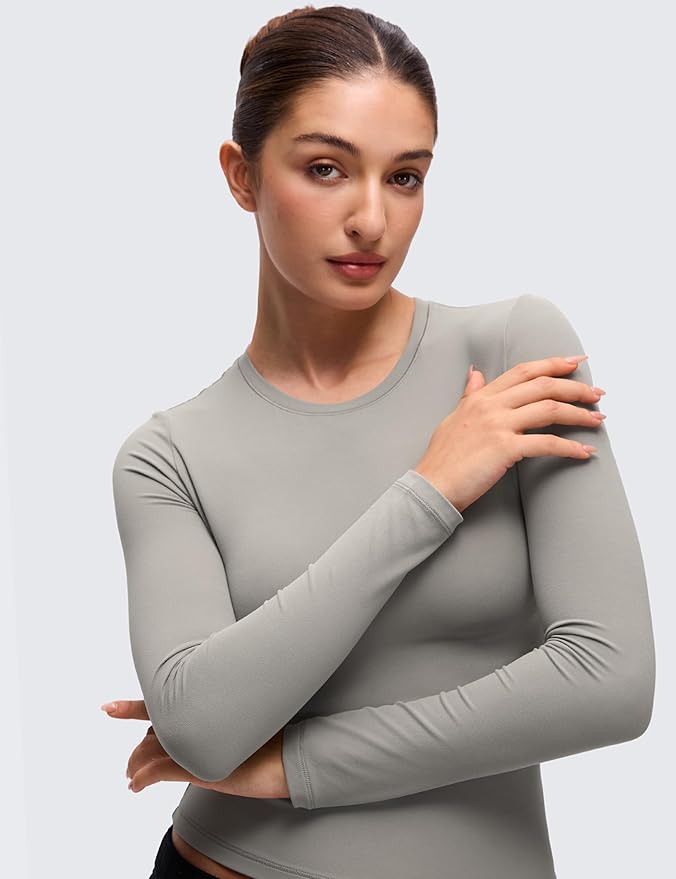 CRZ YOGA Softembrace Crewneck Long Sleeve Shirts for Women - Casual Going Out Tops Soft Basic Fitted Tight Fall T-Shirts